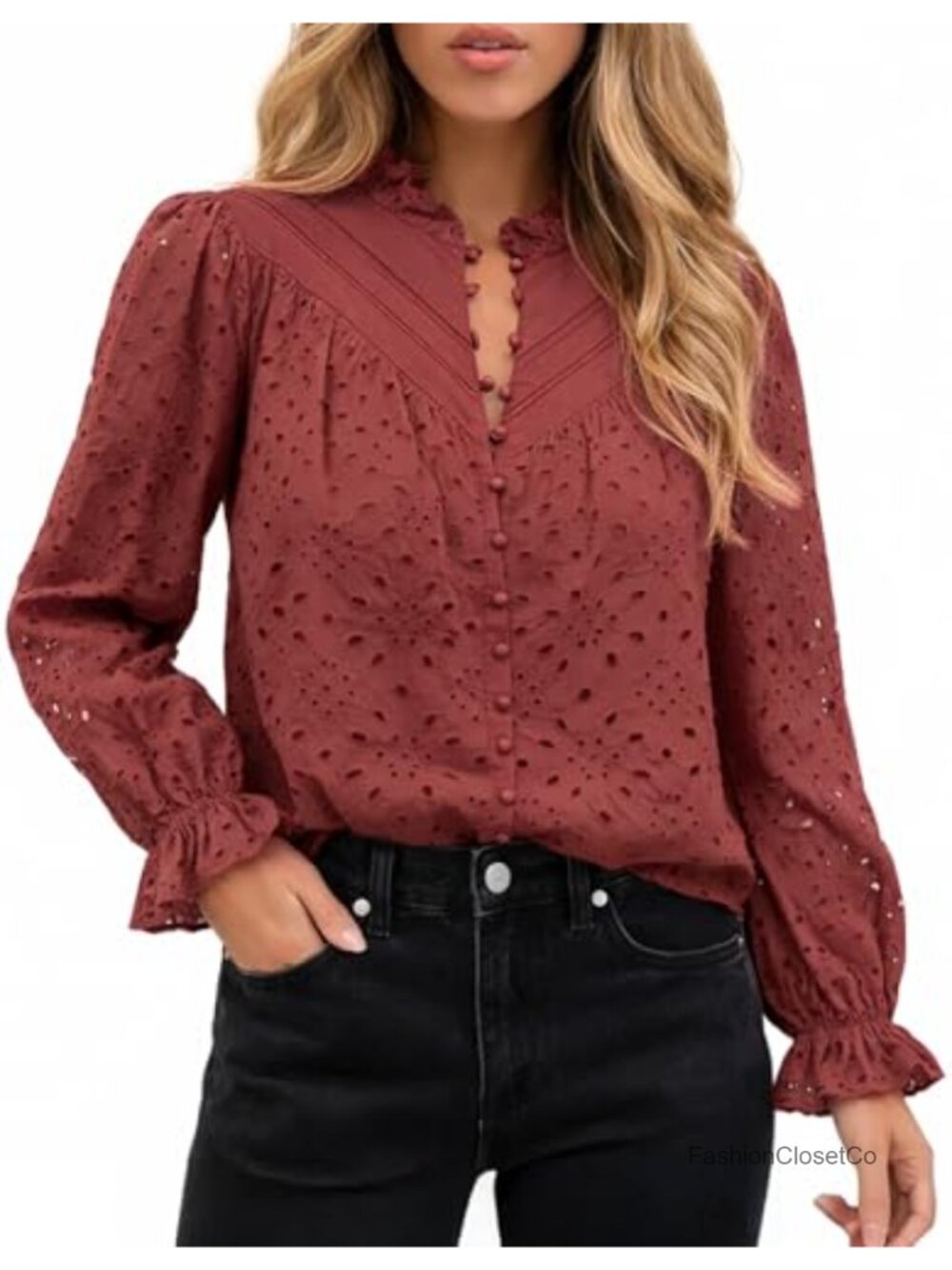 Women's Long Sleeve Eyelet Peplum Blouse Cotton Lace V-Neck Button Shirt Floral